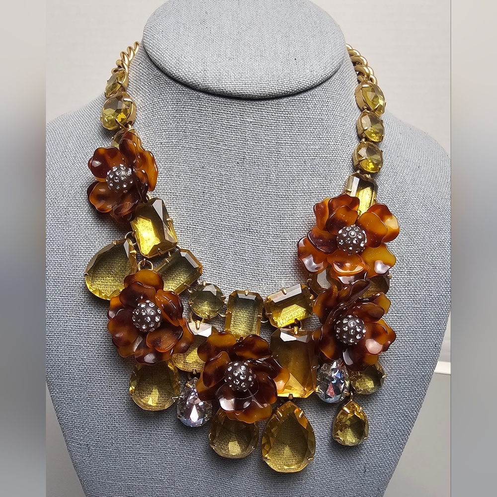 [J. Crew] Chunky Tortoise Flowers Yellow & Clear Faceted Crystal Bib Statement - Picture 15 of 16